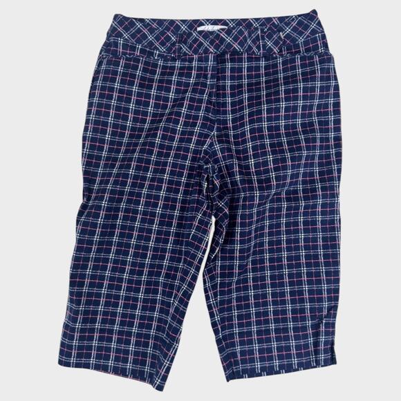 Lady Hagen Long Shorts Navy Blue Pink Check Plaid Size 4 Cotton Spandex - Picture 1 of 8
